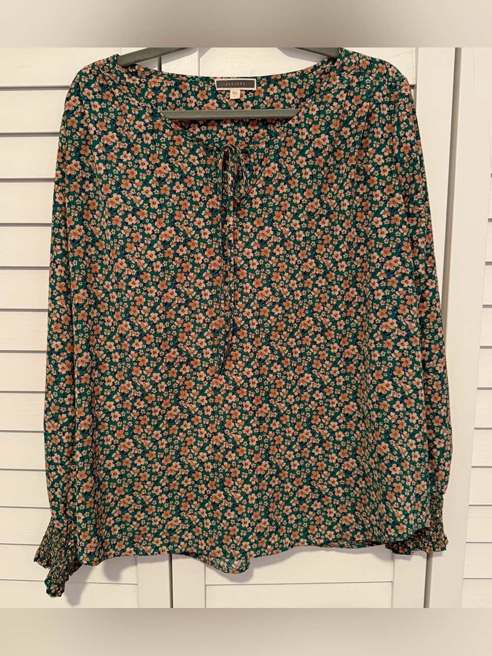 Pleione Teal Green Floral Tie-Front Women's Blouse, Fall, Work, Office, Casual